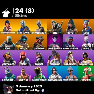 Fortnite Skins, Dances, Pickaxes och Gliders - Samling av Fortnite-objekt inklusive 24 skins, 17 danser, 21 pickaxes och 27 gliders. Perfekt för spelare som vill utöka sin samling med unika och populära föremål från spelet. 400kr.
