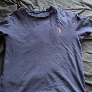 Blå t-shirt från Polo Ralph Lauren - Säljer en blå t-shirt från Polo Ralph Lauren i custom slim fit. Den har en broderad logga på bröstet och är kortärmad. Perfekt för en stilren och avslappnad look.