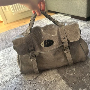 Grå axelväska med reptilmönster - Snygg grå axelväska med reptilmönster och flätade handtag. Väskan har ett stort fack med dragkedja inuti och en elegant låsdetalj på framsidan. Perfekt för att bära med sig allt man behöver under dagen. Lite sliten på en sida av handtaget men annars i bra skick! Pris kan diskuteras💞 finns en axelremm med men glömde ta bild!