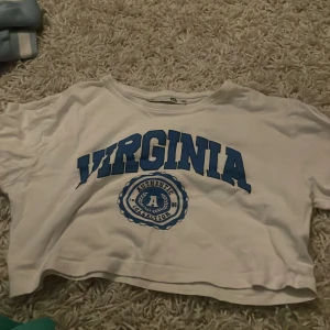 Vit croppad t-shirt med tryck - Säljer en vit croppad t-shirt från 157 med blått tryck 'Virginia' och 'Authentic Collection'. Perfekt för en avslappnad stil. T-shirten är i bra skick och passar perfekt till sommarens varma dagar. Skön och lätt att matcha med jeans eller shorts!