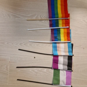 Priset flaggor  - Bild på flera små flaggor i olika färger och mönster, inklusive regnbågsflaggan. 