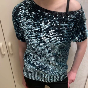 Glittrig paljettopp - Snygg glittrig topp med paljetter i blå och svarta nyanser. Toppen har korta ärmar och en lös passform som ger en avslappnad look. Perfekt för en festlig kväll! Super snygg och unik! Köpt secondhand och står inget märke! Superfint skick💕 är öppen för prisförslag!