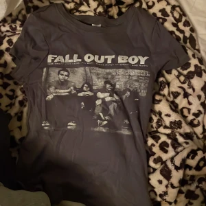 Grå t-shirt med Fall Out Boy-tryck - Snygg grå t-shirt med tryck av bandet Fall Out Boy. Perfekt för fans av bandet! T-shirten har korta ärmar och ett coolt vintage-inspirerat fototryck på framsidan.