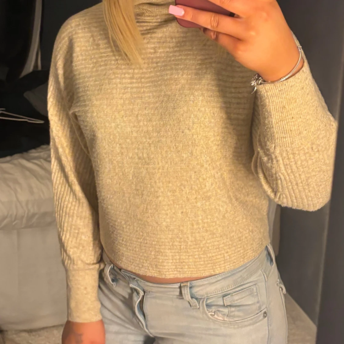 Beige ribbad tröja - 90