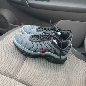 Nike Tn - Snygga Nike sneakers i grått och svart med en röd Swoosh. Skorna har en robust sula med Tn Air-dämpning och klassisk snörning. Perfekta för en sportig look. Skorna är storlek 44 men de känns lite mindre typ 43.
