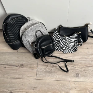 Samling av olika väskor - Här är en samling av olika väskor som passar för olika tillfällen. Den svarta ryggsäcken har en quiltad design och dragkedja, perfekt för vardagsbruk. Den randiga ryggsäcken i svart och vitt är stilren och praktisk. Den lilla svarta axelväskan är enkel och elegant, medan den zebramönstrade axelväskan ger en djärv touch till din outfit.