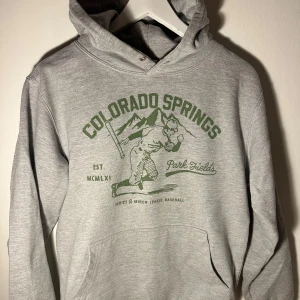 Grå hoodie med tryck - Säljer en grå hoodie med tryck av 'Colorado Springs' och en baseballspelare i grönt. Tröjan har en klassisk känguruficka och en bekväm huva. Perfekt för en avslappnad stil.
