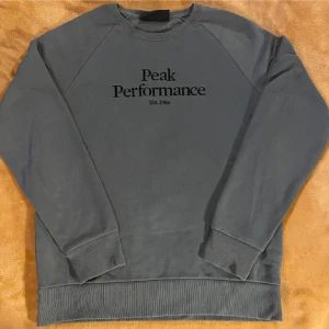 Grå sweatshirt från Peak Performance - Snygg grå sweatshirt från Peak Performance med tryck framtill. Tröjan har långa ärmar och ribbade muddar vid ärmslut och nederkant. Perfekt för en avslappnad stil.. obs dåligt ljus är grön irl