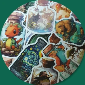 20 Stickers / Klistermärken Värld i flaskor - 20 stycken stickers / klistermärken med olika världar i flaskor.  Mått på dem ligger mellan 5.5-7.5cm. Titta igenom alla mina upplagda och köp fler saker i bundle för att spara på frakten och få allt du köpt i ett och samma paket.