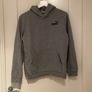 Grå hoodie från Puma - Säljer en snygg grå hoodie från Puma i storlek 13/14 år. Den har en klassisk design med en stor ficka på magen och Puma-loggan tryckt på bröstet. Perfekt för både vardag och träning. Superbekväm och stilren!