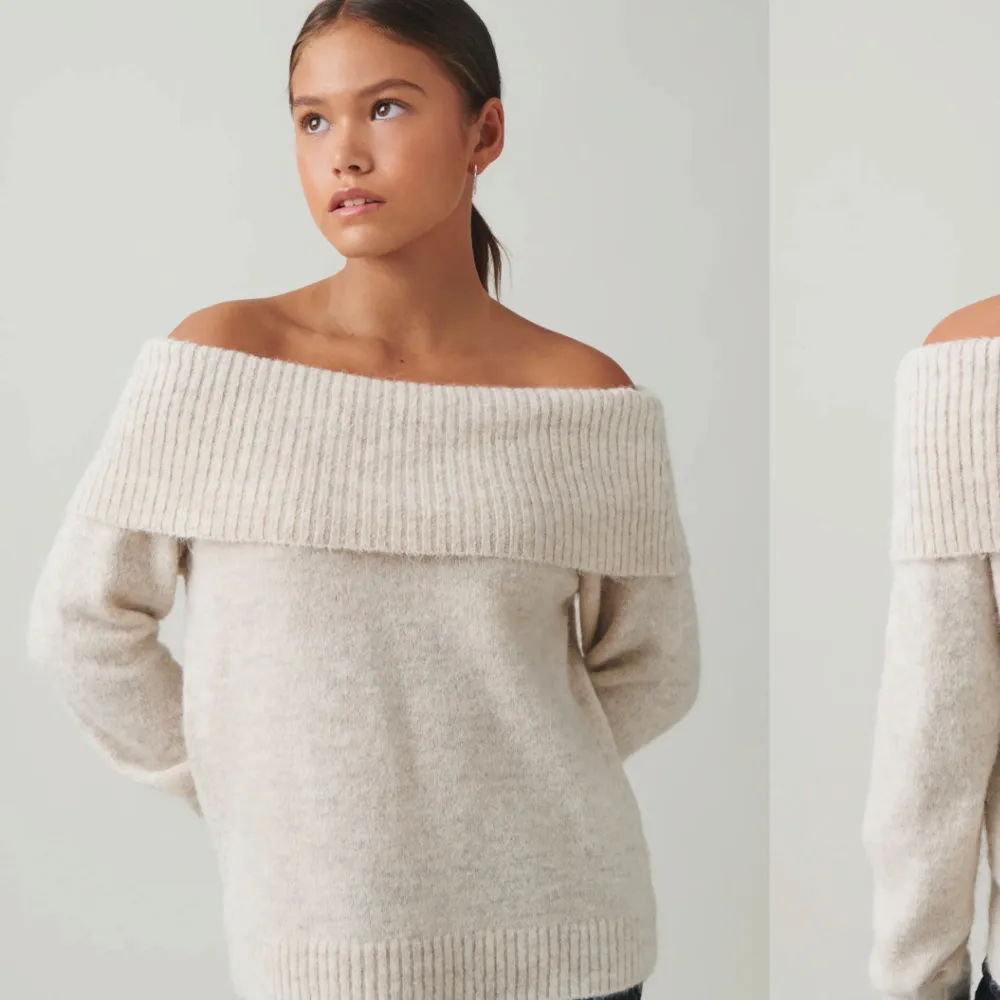 Superfin beige offshoulder tröja som är perfekt för både höst och vår. Den är stickad och har en ribbad kant upptill som ger en snygg detalj. Tröjan är i bra skick och passar perfekt för en avslappnad men stilren look.den är i Stolek 158 men passar som en xs . Tröjor & Koftor.