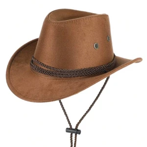 Brun cowboyhatt med snöre - Snygg brun cowboyhatt i mocka med dekorativt snöre runt kullen och justerbart hakband. Perfekt för cowboyfester eller sommarens äventyr. Hatten har en klassisk form med bred brätte och ventilationshål på sidorna för extra komfort.
