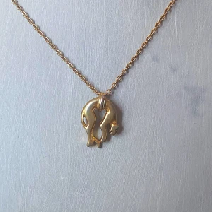 Guldhalsband och örhängen med kattmotiv - Säljer ett vintage set med ett guldhalsband och matchande örhängen. Halsbandet har ett hängsmycke i form av två katter och örhängena har samma kattmotiv. Perfekt för kattälskare som vill ha något unikt och stilrent. Passar både till vardags och fest! Okänd metall 