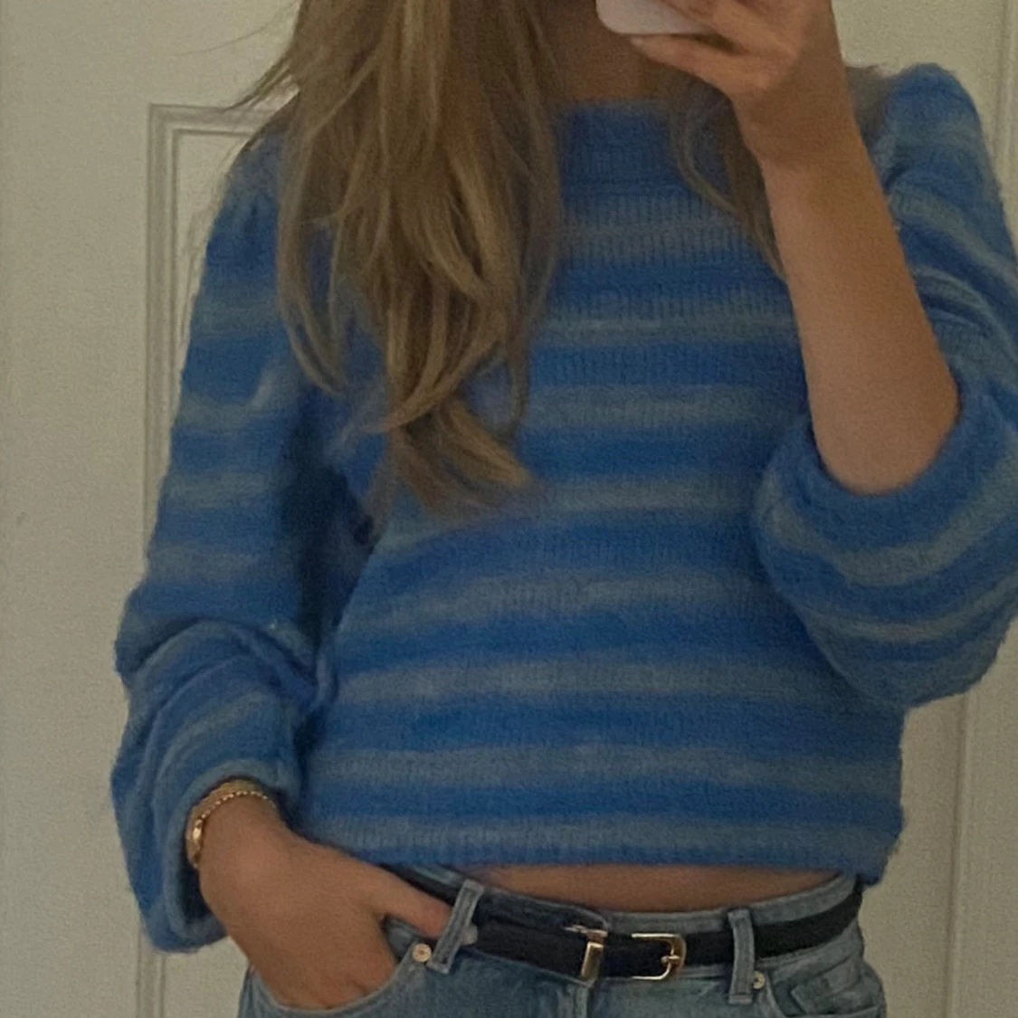 Blå stickad tröja - 90