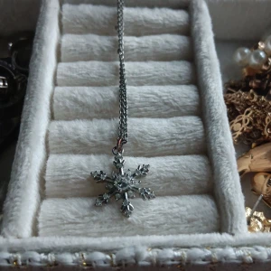 Halsband med snöflingeberlock - Elegant halsband med en vacker snöflingeberlock i silverfärg. Perfekt för att ge en vinterkänsla till din outfit. Kedjan är tunn och smidig, vilket gör den lätt att bära till olika tillfällen. Ringen på snöflingan har rostat men resten rostfritt stål eller silver