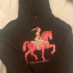 Svart hoodie med tryck av Rasmus Gozzi & Fröken Snusk - Säljer en svart hoodie från Just Hoods med ett färgglatt tryck av Rasmus Gozzi & Fröken Snusk. Hoodien har en klassisk design med dragsko i huvan och en stor ficka framtill. Perfekt för en avslappnad stil.