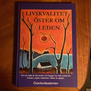 Livskvalitet öster om leden - Boken 'Livskvalitet öster om leden' från ÖsterlenAkademien utforskar livskvalitet med humor och allvar. Den täcker ämnen som mat, hälsa och byggande, med bidrag från olika författare. Omslaget är lila med en konstnärlig illustration av ett landskap.