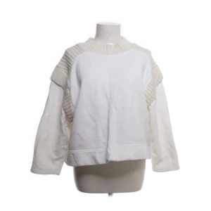 Vit tröja med stickade detaljer - Säljer en stilren vit tröja med unika stickade detaljer runt axlarna. Tröjan har en lös passform och långa ärmar, perfekt för en avslappnad look. Den är både bekväm och trendig, idealisk för kyligare dagar.