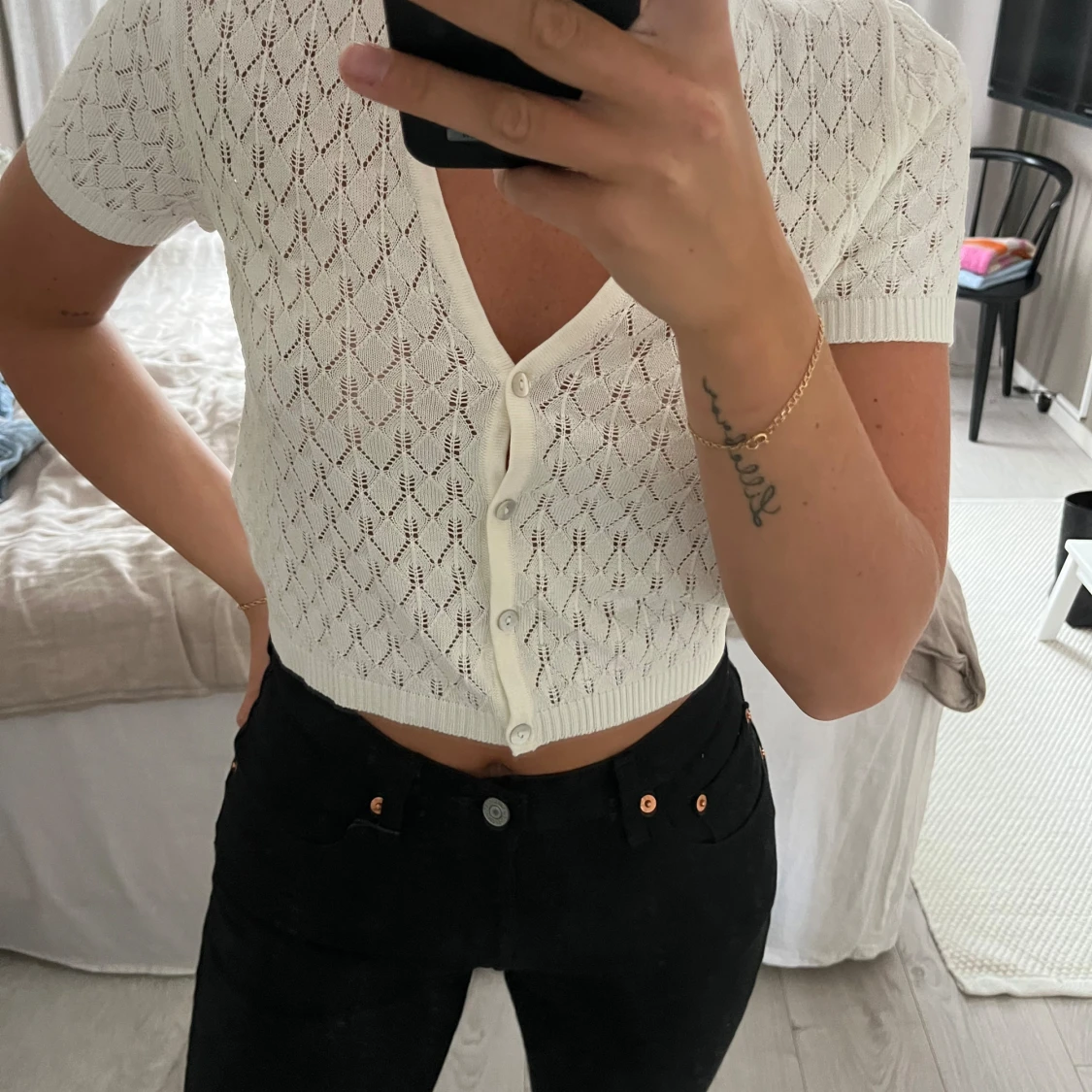 Vit stickad kortärmad topp - 90