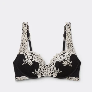 Svart spets-bh med broderade detaljer - Elegant svart bh med vacker vit spets och broderade blommor. Den har justerbara axelband och en bekväm passform. Perfekt för speciella tillfällen eller när du vill känna dig extra fin.