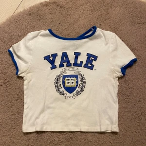 Vit och blå Yale t-shirt från H&M - Säljer en vit t-shirt från H&M med blå detaljer och Yale-tryck på framsidan. Den har korta ärmar och en rund halsringning med blå kant. Perfekt för en avslappnad stil eller för att visa lite college-vibbar. Passar bra till jeans eller shorts! Ta hänsyn till att den är ganska kroppad! Priset går att diskuteras🩷🩷