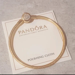 Guldarmband från Pandora - Säljer ett elegant guldarmband från Pandora i mycket bra skick. Armbandet har en stilren design med en glittrig låsdetalj som ger en lyxig känsla. Perfekt för både vardag och fest! Kommer med en putsduk för att hålla det skinande. Passa på att köpa detta fina smycke! ✨
