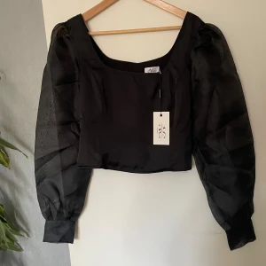 Kort topp puffärm - Aldrig använd men i behov av strykning/steam. Kort topp med lång genomskinlig puffärm