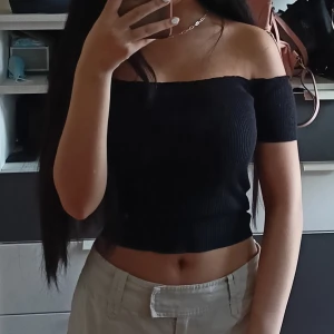 Svart offshoulder topp - Säljer en snygg svart offshoulder topp som är ribbad och croppad. Toppen är tight och framhäver figuren på ett stilrent sätt.