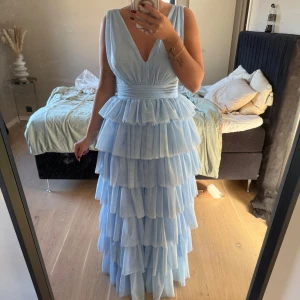 Ljusblå långklänning med volanger - Intresskoll på min ljusblåa balklänning med flera lager av volanger. Köpte den för några veckor sedan man vet inte om det är rätt klänning för mig!  Därför lägger jag ut den för att kolla om någon är intresserad och vad jag kan få för pris för den. Prislappen är kvar!🫶🏼