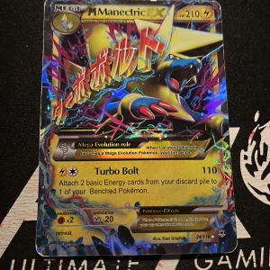 M Manectric EX Pokémonkort - Säljer ett M Manectric EX Pokémonkort med 210 HP. Kortet har en färgglad design med Mega Evolution och Turbo Bolt attack. Perfekt för samlare eller spelare som vill förstärka sin kortlek.