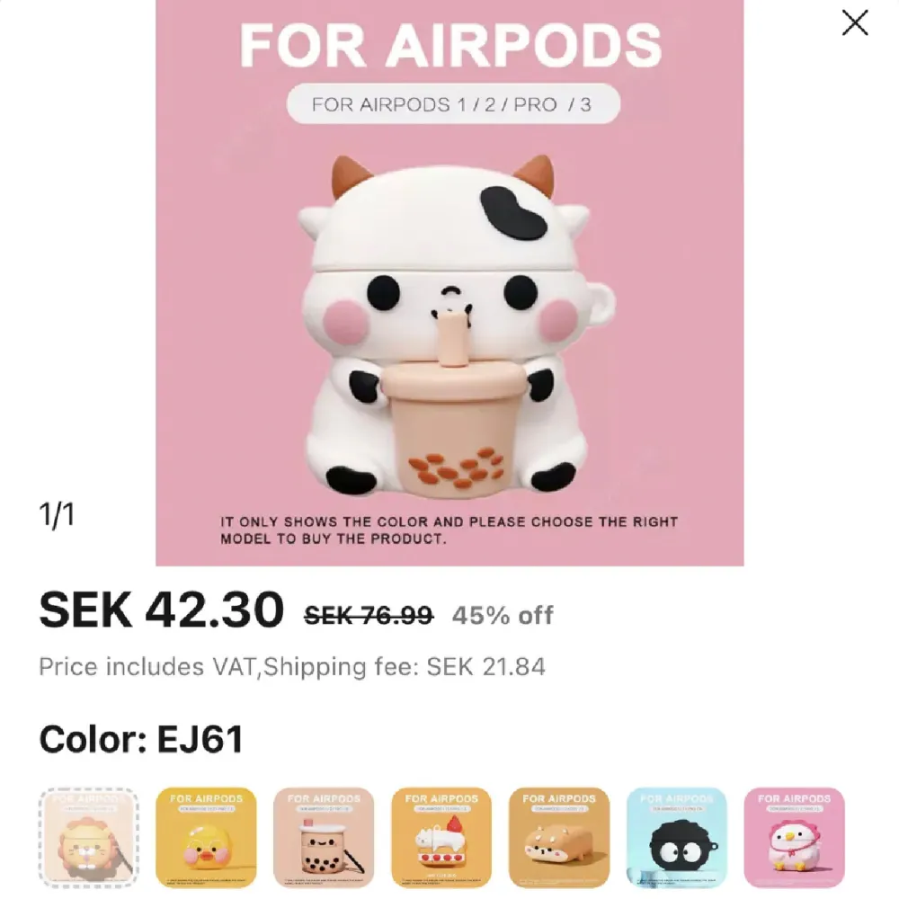 AirPods skal med ko design köpt från Aliexpress 2022. Aldrig använt! Passar endast generation 1-2 (den äldre modellen). Övrigt.