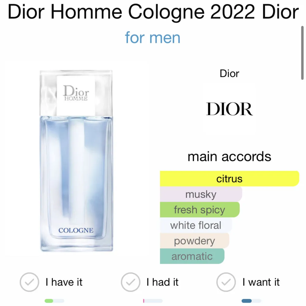 Säljer en 5ml sample av Dior Homme Cologne  Priset är förhandlingsbart och jag accepterar även byten  Nypris:1100kr. Parfym.