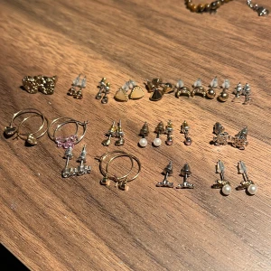 Samling av örhängen i olika stilar - En samling av örhängen i olika stilar och färger. Inkluderar guld- och silverfärgade hoops, hjärtformade och pärlprydda stiftörhängen. Perfekt för att mixa och matcha till olika tillfällen.