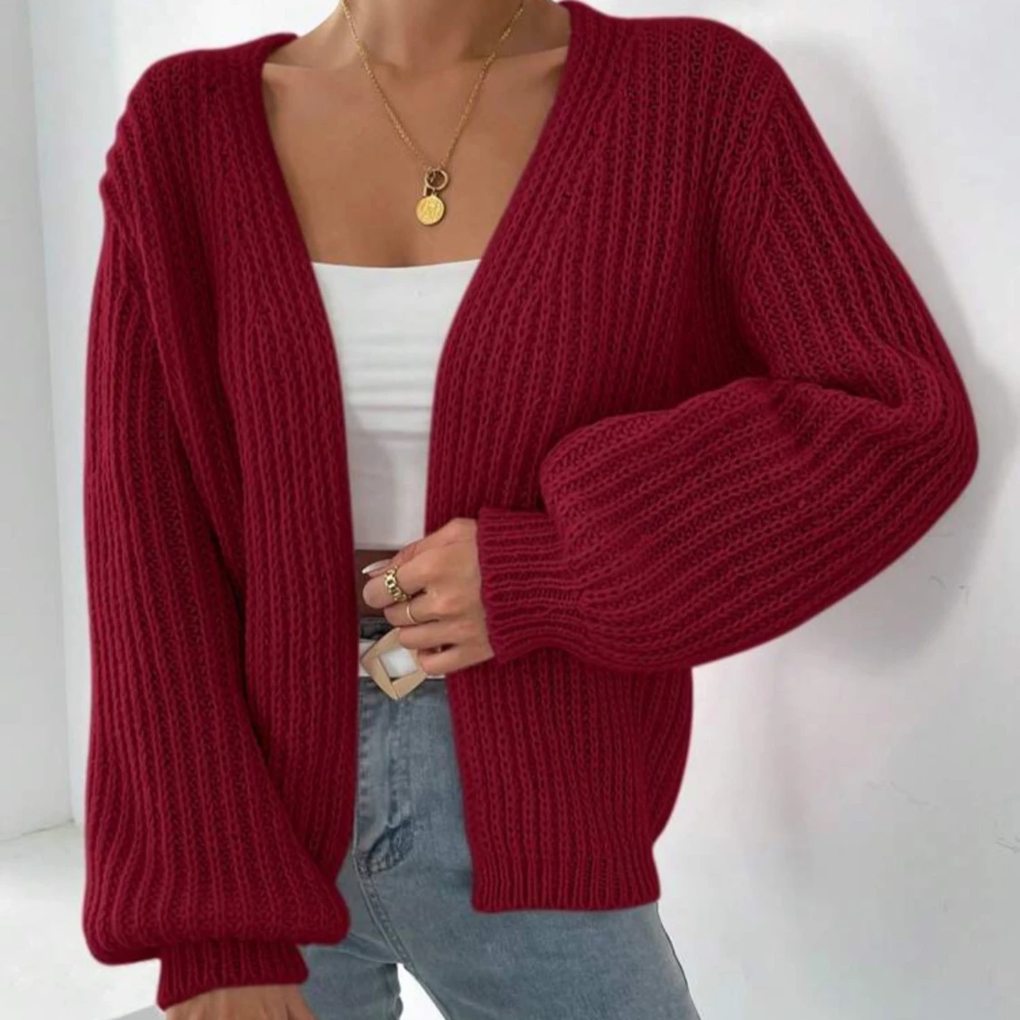 Vinröd stickad kofta