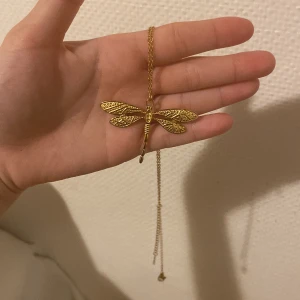 Guldhalsband med trollslända - Säljer ett superfint guldhalsband med en detaljerad trollslända som hänge. Kedjan är tunn och elegant, vilket gör det perfekt för både vardag och fest. Trollsländan har vackra mönster på vingarna som verkligen fångar ljuset. Ett måste för alla som älskar unika smycken!