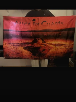 Alice In Chains Dirt tygflagga - Stor tygflagga med tryck från Alice In Chains album Dirt. Flaggan har starka röda och orange toner med motiv från albumomslaget och metallöljetter i hörnen för upphängning. Perfekt för att dekorera väggar eller använda som backdrop.