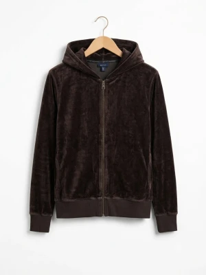 Mörkbrun velourhoodie med dragkedja - Mjuk och skön hoodie i mörkbrun velour med dragkedja framtill och två fickor. Tröjan har huva och ribbade muddar vid ärmslut och nederkant. Perfekt för en chill och avslappnad stil.