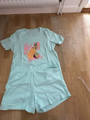 Mintgrön pyjamas med tryck från Esmara - Superfin mintgrön pyjamas från Esmara med kortärmad t-shirt och shorts. Framsidan har ett färgglatt tryck med texten 'Hello Summer' och en ananas. Mjukt och lätt material, perfekt för varma nätter.
