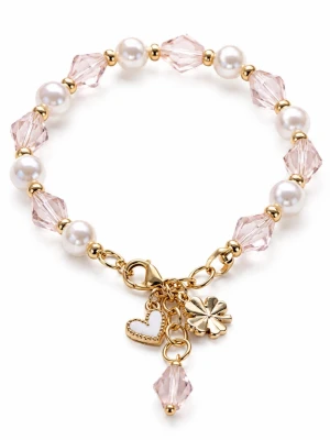 Armband - Armband med rosa k9 kristaller, sötvattens pärlor och mellandelar i 18 k guldpläteratrostfritt stål. Ca 18 cm.