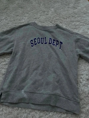 Grå sweatshirt med SEOL DEPT-tryck - Grå sweatshirt med rund hals och blått tryck 'SEOUL DEPT.' på bröstet. Tröjan har ribbade muddar vid ärmslut och nederkant samt en avslappnad passform. Perfekt för en casual och sportig stil.