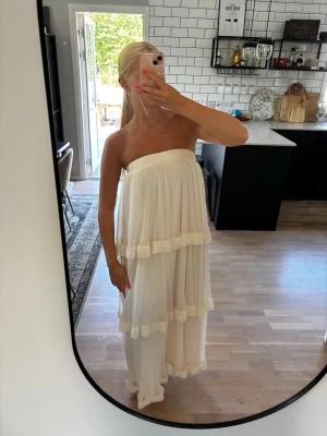 Offwhite långklänning/långkjol med volangdetaljer - Offwhite långklänning/långkjol med volangdetaljer, spetsinslag och resår. Köpt på Sellpy och aldrig kommit till användning (prislapp kvar). Man kan använda denna som antingen en klänning eller en kjol. Jag är 163 cm 🌸Publicerad på flera säljsidor 