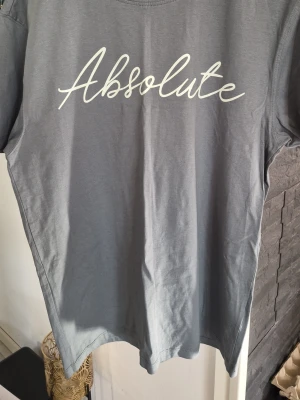 Grå t-shirt med Absolute-tryck - Snygg grå t-shirt med texten 'Absolute' i vit skrivstil på bröstet. Klassisk passform och rund halsringning. Perfekt till jeans eller shorts för en avslappnad look.