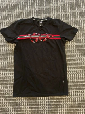 Svart t-shirt med orm och ränder - Svart t-shirt med färgglada ränder i rött och grönt över bröstet och en broderad orm ovanpå. Rund halsringning och korta ärmar. Perfekt för dig som vill sticka ut med en cool detalj på din outfit.