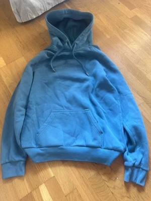 Blå hoodie från Peak Performance - Snygg blå hoodie från Peak Performance med broderad logga på bröstet. Klassisk känguruficka framtill, ribbade muddar och justerbar huva med dragsko. Har används några enstaka gånger så är i bra skick. Det är storlek L.