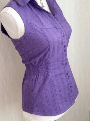 Purple Sleeveless Button-Up Blouse - This is a women's sleeveless blouse in a vibrant purple color. It features a collared neckline, button-up front, and a fitted silhouette with shirred elastic at the waist for a flattering shape. The blouse has subtle vertical stripe texture and western-style yoke detailing on the chest.