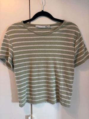 Randig grön och vit t-shirt - Snygg kortärmad t-shirt med ljusgröna och vita horisontella ränder. T-shirten har en klassisk rund halsringning och är tillverkad i ett mjukt ribbat material som ger en skön känsla.