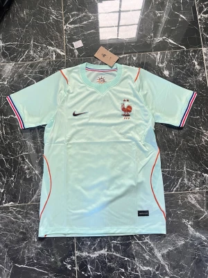 Ljusblå Nike fotbollströja Frankrike - Snygg ljusblå fotbollströja från Nike med Frankrikes landslagsemblem på bröstet. Tröjan har rund hals, korta ärmar och röda samt blå detaljer vid ärmslut och axlar. Tillverkad i ett lätt och ventilerande material som passar perfekt till träning.