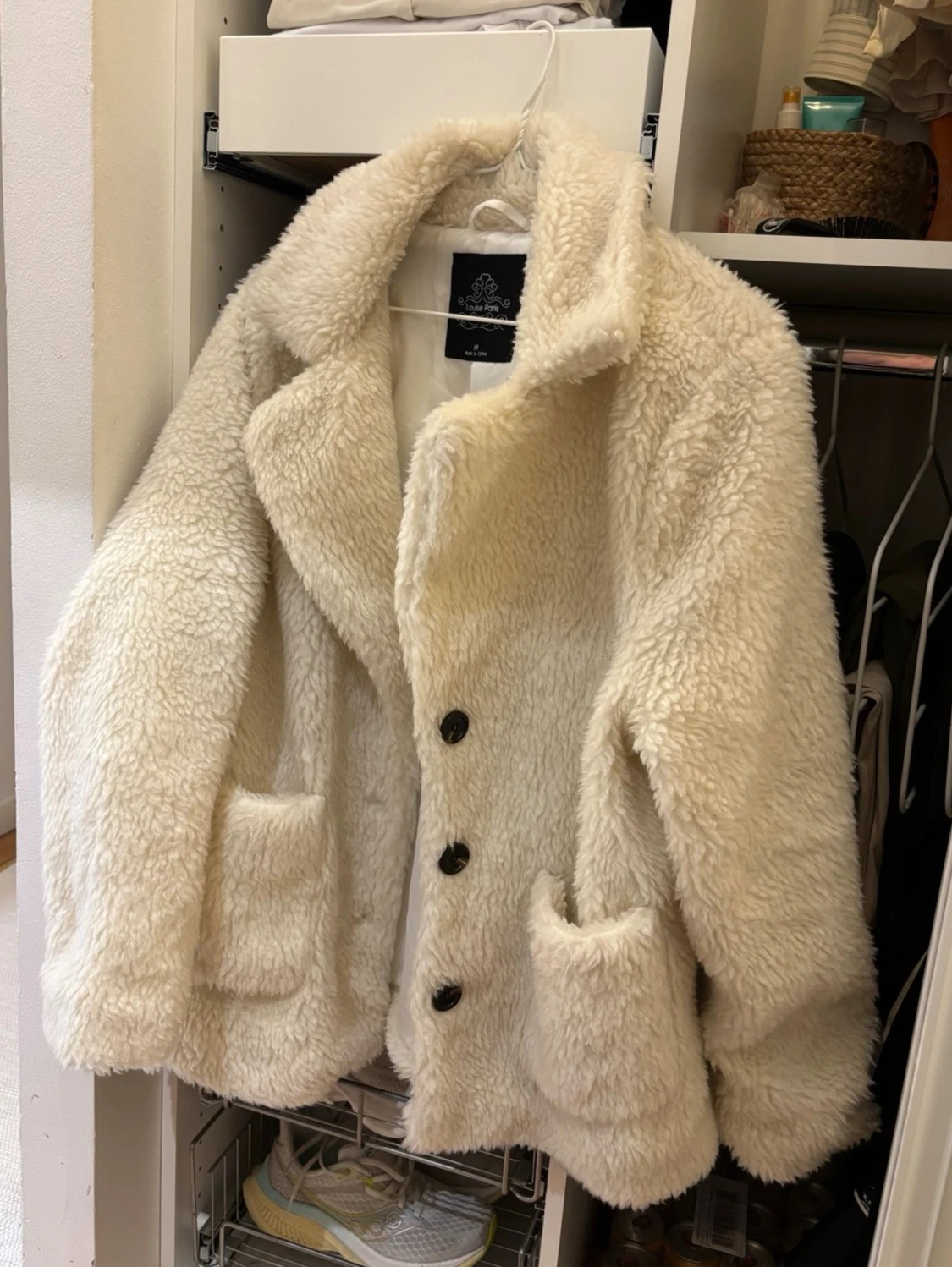 Krämvit teddyjacka med stora fickor - 1