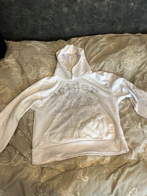 Vit hoodie från Spider med huva  - PRISET ÄR INTE SPIKAT I STEN! Säljer en vit hoodie från Spider i storlek S. Hoodien har en klassisk huva och är dekorerad med glittriga stenar framtill. Tillverkad i mjukt material som känns skönt mot huden. Perfekt för dig som gillar en clean och stilren look. 