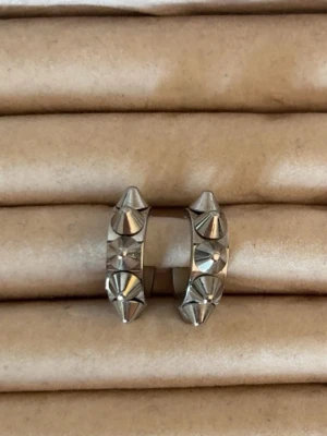 Silvriga hoops med nitar - Säljer ett par coola örhängen i form av små hoops i silverfärgad metall. Örhängena har flera spetsiga nitar runt hela ringen som ger en edgy och trendig look. Perfekta för dig som vill sticka ut och addera lite attityd till din stil.